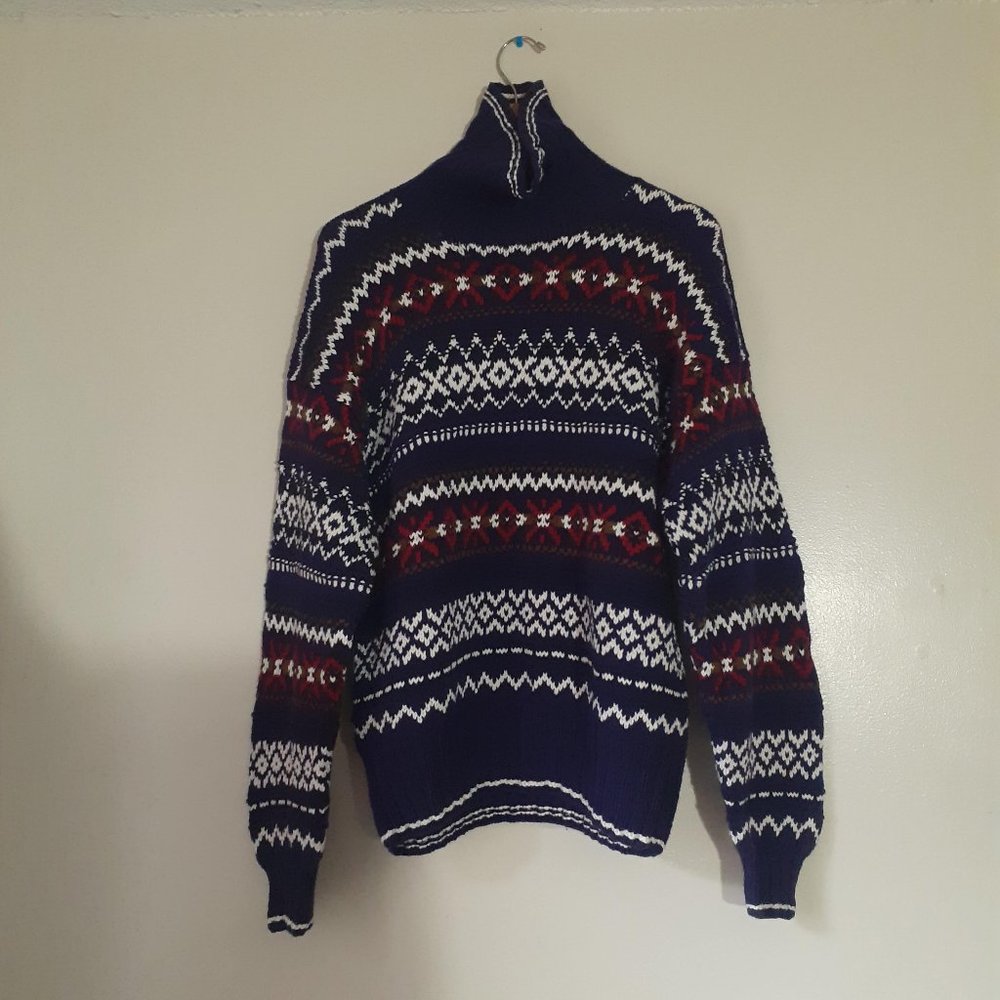 90s Beaver Canoe Handknit Aztec Fair Isle Oversized Sweater Turtleneck Relaxed